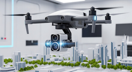 A sophisticated drone with a high-tech camera system hovers above a detailed miniature city model, showcasing urban surveillance or mapping technology.
