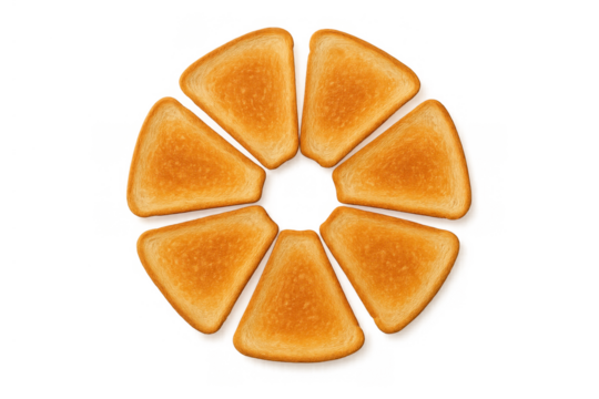 Toasted bread slices arranged in a circular pattern, fresh breakfast food top view on transparent background