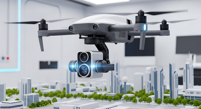A sophisticated drone with a high-tech camera system hovers above a detailed miniature city model, showcasing urban surveillance or mapping technology. - Powered by Adobe