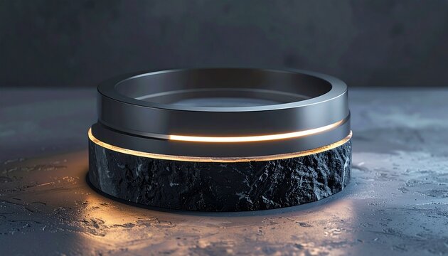 Sleek metallic pedestal with an illuminated ring and a textured rock base, creating a modern and mysterious display for abstract concepts