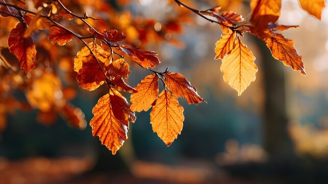 Brilliant sunlight illuminates deeply colored foliage hanging from tree branches during autumn season - Powered by Adobe