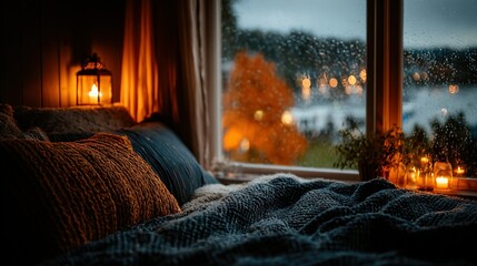 Cozy bedroom interior with view of lake through window at dusk.