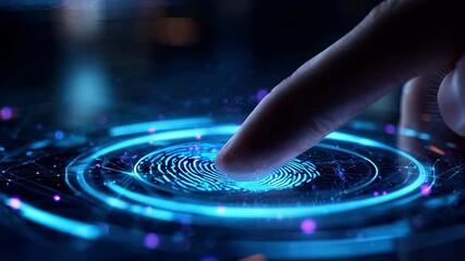 Finger touching futuristic digital biometric fingerprint scanner for identity verification and cyber security access - Powered by Adobe