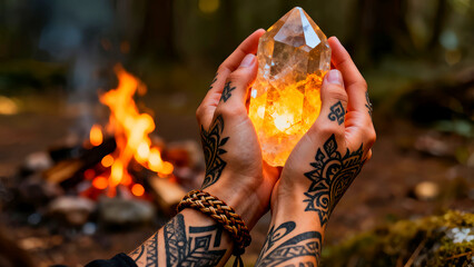 Hands holding a glowing crystal near a campfire in the woods showcasing spirituality and nature with tattoos and a woven bracelet for holistic wellness and mystical practices