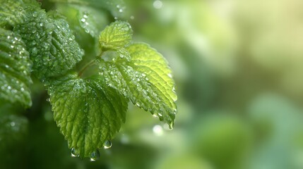 Fresh green foliage sparkles with numerous tiny water droplets after a gentle rain.