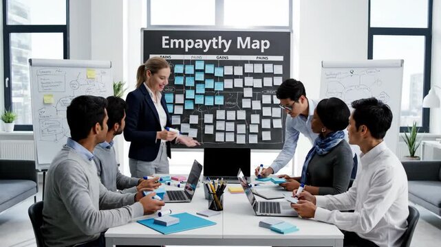 Collaborative team uses sticky notes for an empathy mapping workshop around a table