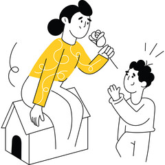 Whimsical Illustration of a Woman Offering a Rose to a Man Sitting on a Small House Illustration with Transparent Background and Yellow Sweater with White Swirls
