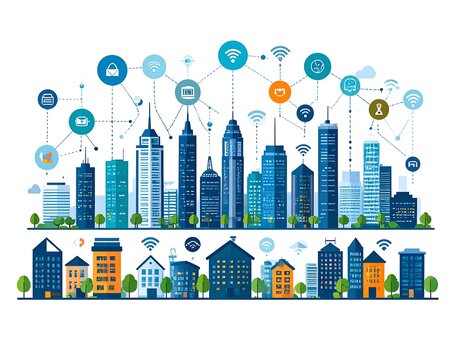 Illustration of a city skyline with buildings connected to cloud and wifi icons. The lower part depicts houses