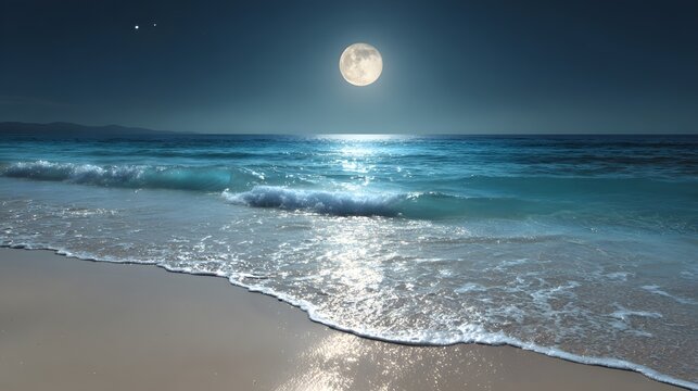 Bright full moon illuminates ocean waves breaking onto a sandy shore under a dark sky - Powered by Adobe