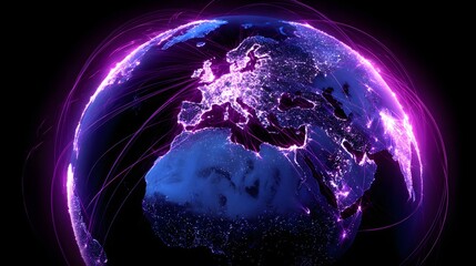 Glowing digital representation of the planet earth with interconnected light pathways against a dark background