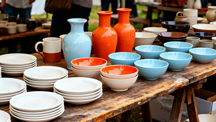 Handmade ceramic pottery including vases bowls plates and mugs displayed on a rustic wooden table at an outdoor craft fair showcasing artisan craftsmanship and unique designs