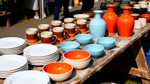 Handmade ceramic tableware featuring plates mugs bowls and vases displayed on a rustic wooden table at an outdoor craft fair showcasing artisanal pottery and unique kitchenware