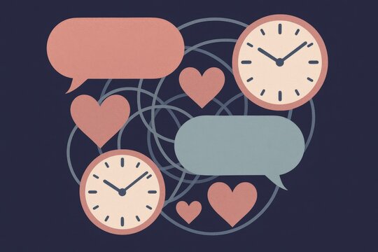 Emotional connection through time expressed in heart shapes and speech bubbles symbolizing love conversations and deep engagement in meaningful relationships