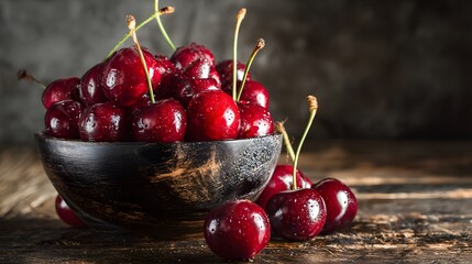 Fresh, ripe cherries with water droplets overflow a rustic dark wooden bowl set upon a weathered surface