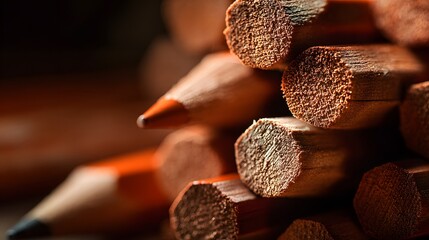 photograph captures a stack of sharpened wooden drawing instruments featuring textured ends and vibrant orange casings.