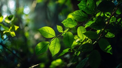 Bright green foliage glows illuminated by shafts of sunlight in a dense forest setting