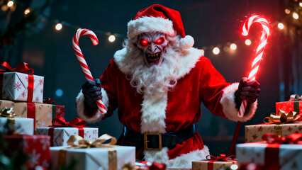 Evil santa claus with glowing red eyes holds candy canes surrounded by christmas presents and holiday lights creating a spooky festive atmosphere for halloween and christmas