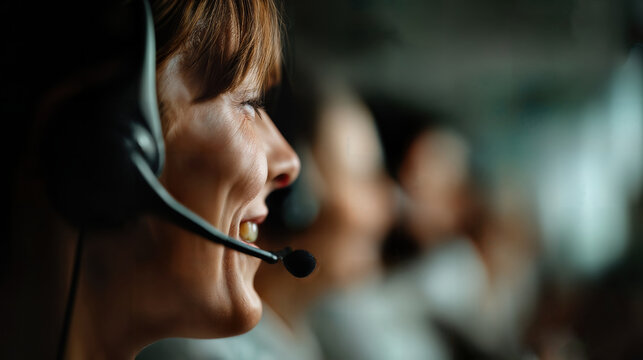 Close-up of a customer service representative smiling while wearing a headset. A group of several employees is in the background, implying they are a team.