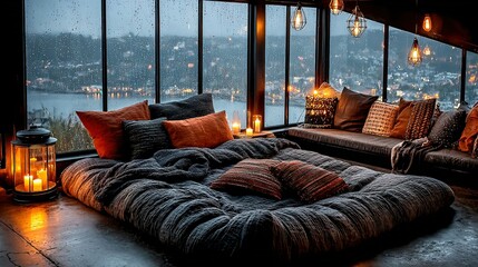 Cozy indoor space with large windows overlooking a cityscape and water.