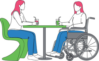 ccessibility and Inclusion Vector Illustration Showing Two Women Socializing at a Cafe Table, One Using a Wheelchair, Enjoying Drinks and Friendship.