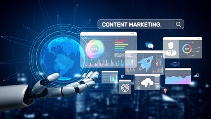 Content marketing interface with data dashboards, analytics charts, and content tools. Marketing success comes from content performance, content planning, and marketing optimization. Muxer
