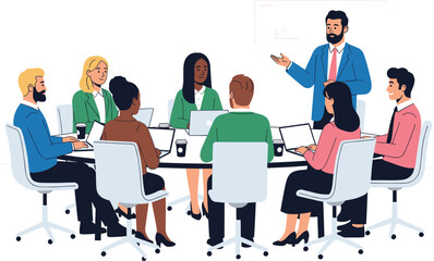 Diverse Group of Professionals Collaborating in a Business Meeting, with a Man Leading a Presentation or Discussion to his Engaged Colleagues in a Boardroom.