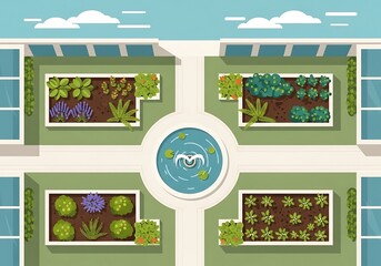 Elegant garden with decorative pool and lush greenery from above view