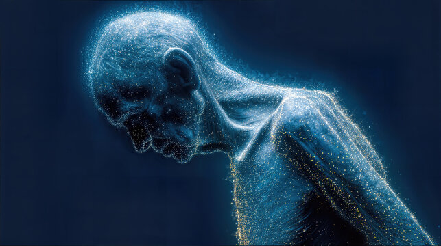 A surreal, illuminated, blue-toned image of an emaciated person with a somber expression