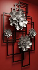 Elegant metal flowers within geometric frames, against a textured wall