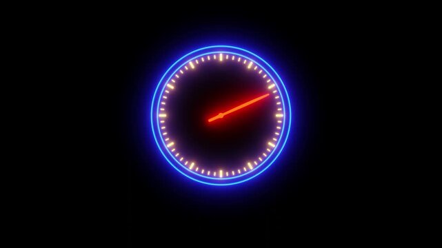 Minimal dark clock with blue neon frame and spinning neon second hand continuously
