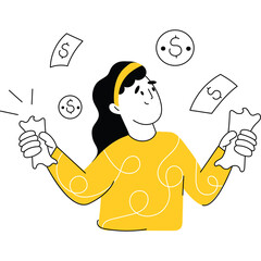 Woman Juggling Torn Money And Coins With Dollar Signs In Air With Transparent Background And Yellow Shirt