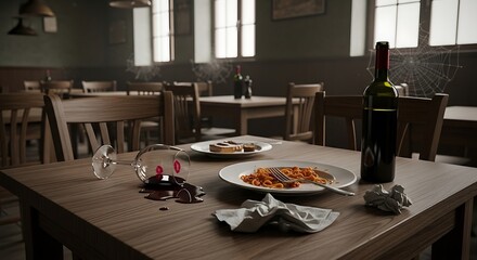 Restaurant interior with spilled wine, abandoned plates, and aged decoration
