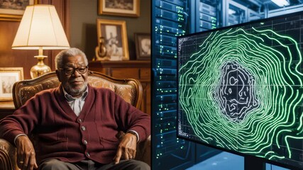 Senior Man Observing Data Visualization on Computer Screen in Server Room - Powered by Adobe