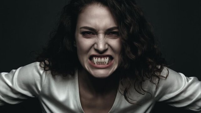 Close-Up of Brown-Haired Woman Leaning Forward and Revealing Her Fangs in Foggy Studio