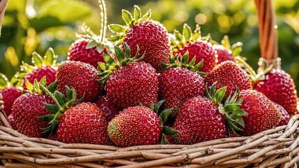Freshly picked ripe red strawberries in a rustic woven basket glowing in the warm sunlight of a summer garden. - Powered by Adobe