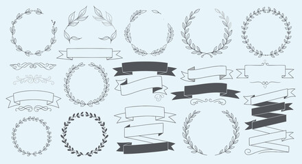Collection of hand-drawn botanical wreaths, ribbons, and decorative elements on a light blue background.