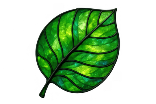 Green leaf art in stained glass style, representing nature, ecology, environment, and organic growth, transparent background