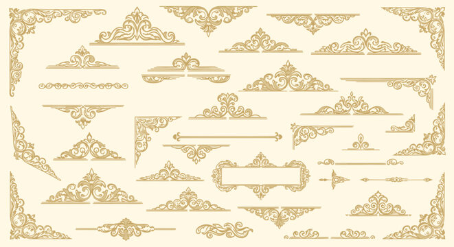 Collection of golden vintage decorative elements, borders, and corners on light background.