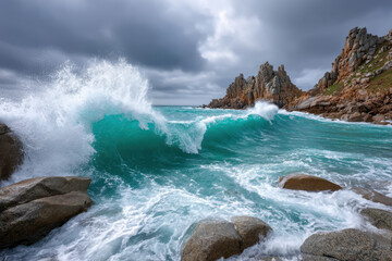 Fototapeta premium Turquoise Ocean Wave Crashing on Rocky Coast