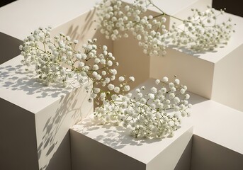 Floral arrangements featuring baby's breath on geometric platforms