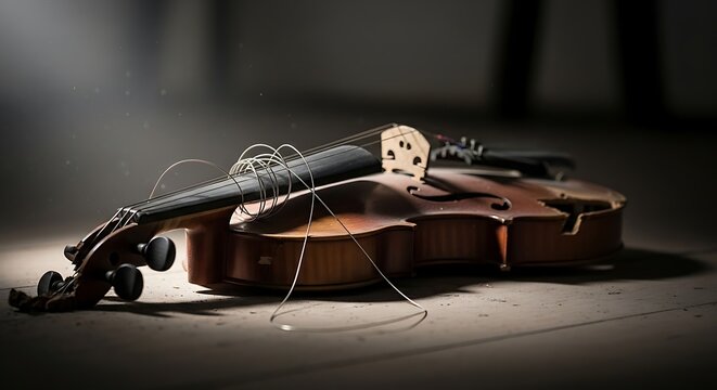 A broken violin with tangled, snapped strings lies abandoned on a wooden floor under a dramatic spotlight, evoking a sense of sadness and loss.