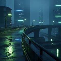 Futuristic cityscape in a misty, rainy scene, reflections, and bridges