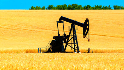 Oil pump jack extracting crude oil from a vast golden wheat field under a clear blue sky showcasing energy production and agricultural landscape in a rural setting with green trees on the horizon