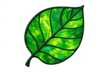 Green leaf design crafted in a vibrant stained glass style, symbolizing nature, sustainability, and renewable energy