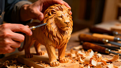 Woodcarver meticulously crafting a wooden lion sculpture with hand tools in a workshop setting showcasing artistry skill and the beauty of handcrafted art and traditional woodworking techniques
