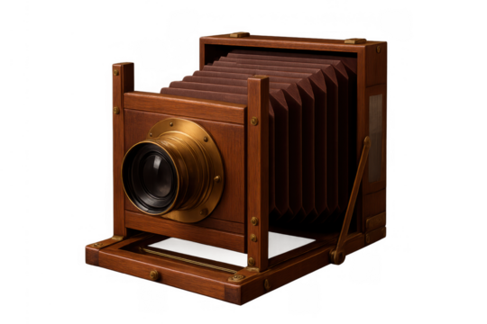 Vintage bellows folding camera, wooden body and brass lens, representing classic analog photography and historical technology
