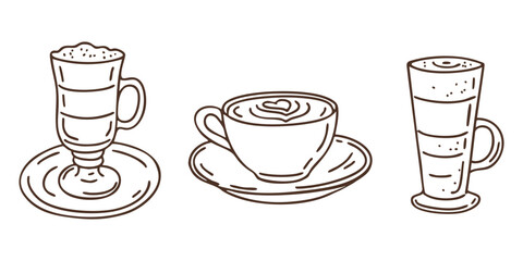 Hand drawn outline coffee assortment set with latte and cappuccino. Vector doodle illustration. 