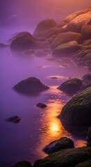 Mystical Coastal Landscape with Rocks in Violet Hues and Golden Reflection