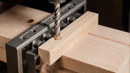 Close-up of a drill bit creating a hole in a wooden plank using a jig.