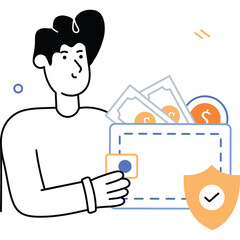 Person Holding Wallet Full Of Money And Coins With Security Shield Icon In Transparent Background